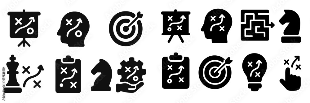 Poster collection of web icons illustrating strategy, planning, and decision-making concepts for online app