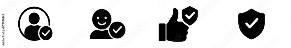 Poster collection of web icons representing user profiles, thumbs up, and security symbols for digital appl