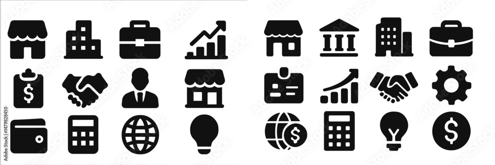 Poster Set of web icons featuring business elements like shops, graphs, briefcases, and tools for various applications