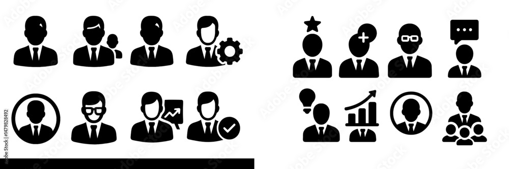 Poster collection of diverse web icons depicting professional individuals in various business scenarios and