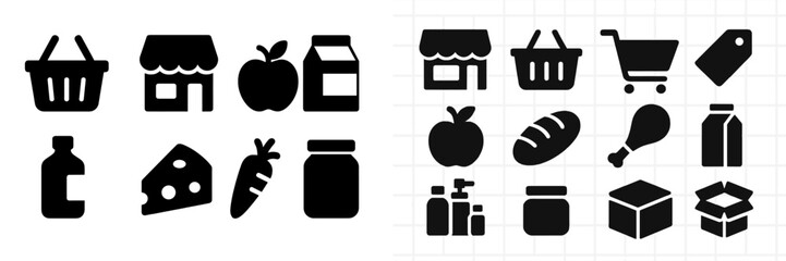 Obraz premium Collection of web icons representing shopping, food, and grocery items for digital design use