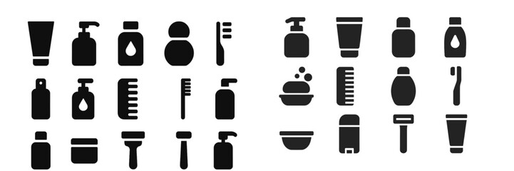 Collection of web icons representing personal care and beauty products in a minimalist design featuring bottles, containers, and tools