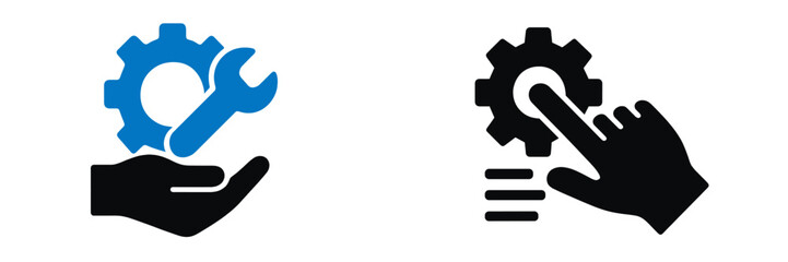 Obraz premium Web icons showcasing tool usage and interaction with gears for digital applications and user interfaces