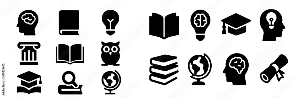 Poster collection of educational web icons representing knowledge, learning, and academic concepts in a cle