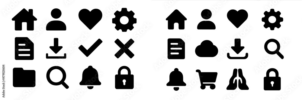 Poster black web icons collection for various digital applications and user interfaces showcasing essential