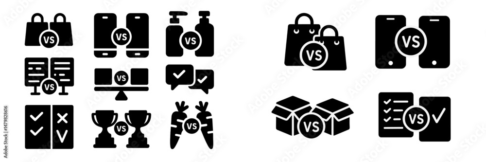 Poster Collection of web icons representing comparisons in various categories such as shopping and technology