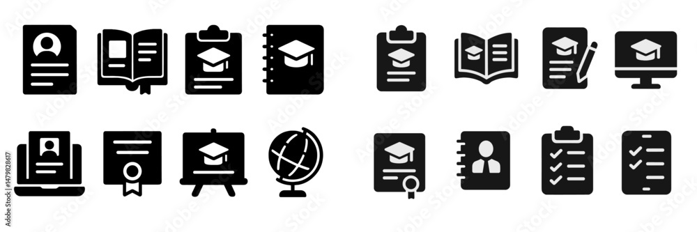 Poster collection of educational and professional icons depicting various aspects of learning and certifica