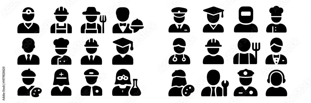 Poster Collection of diverse web icons representing various professions and occupations in a minimalist design style
