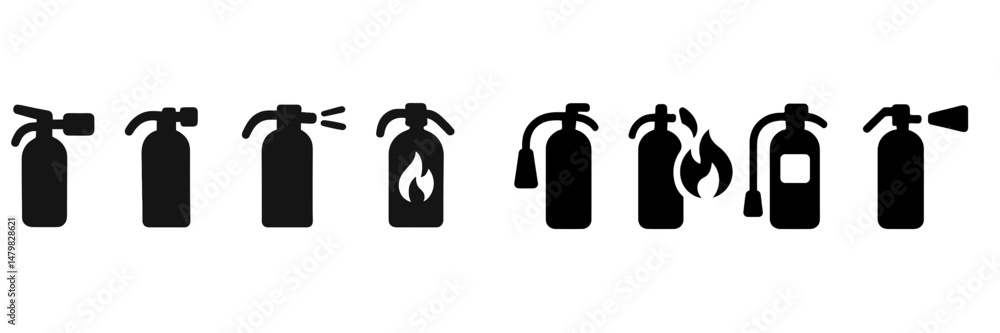 Poster Collection of web icons depicting fire extinguishers in various stages of use and design for safety and emergency applications