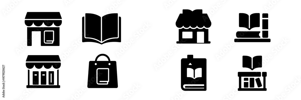 Poster collection of web icons depicting various store and book symbols for digital design applications