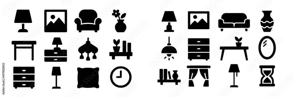 Poster web icons collection featuring various home decor items and furniture in minimalist black and white 