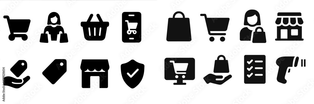 Aufkleber set of web icons featuring shopping, e-commerce, and retail activities represented in a clear and si