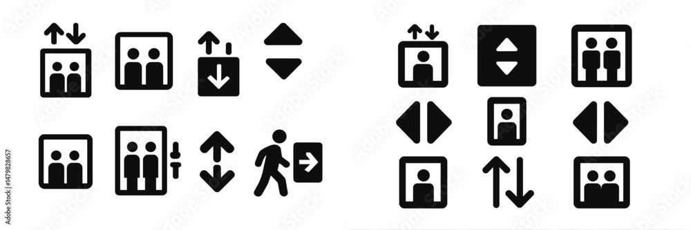 Poster collection of web icons representing elevator symbols and directional indicators for user navigation