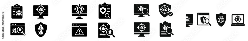 Poster set of web icons depicting cybersecurity tools and features for threat detection and protection