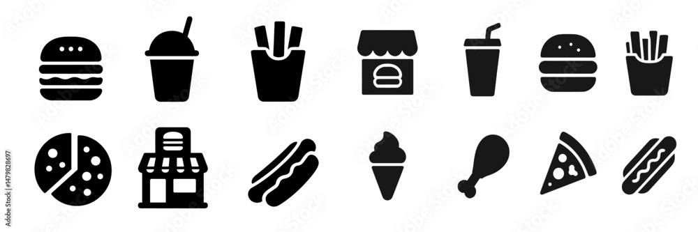 Poster Collection of simplistic black web icons representing popular fast food items and beverages