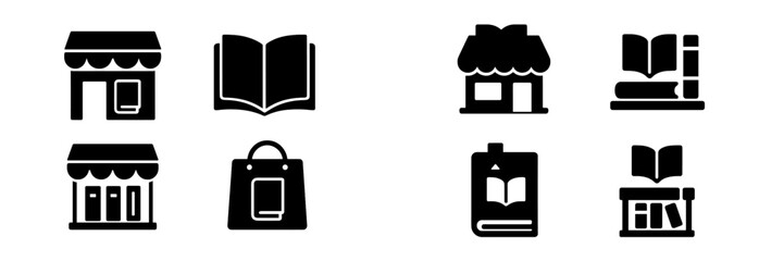 Collection of web icons depicting various store and book symbols for digital design applications