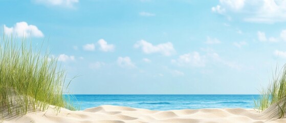Serene Beach Scene with Sand Dune and Sea Oats in Summer Low Angle View Coastal Landscape