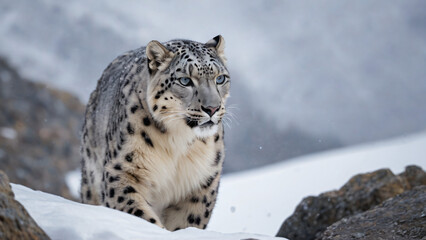 Fototapeta premium Snow Leopard Traversing a Snowy Mountain in Winter Terrain. A majestic snow leopard prowling through a frosty mountain landscape.