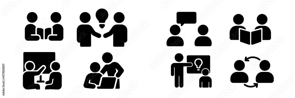 Aufkleber set of diverse web icons for communication, collaboration, and brainstorming activities in digital d