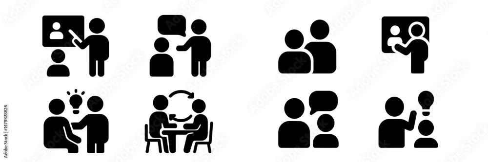 Poster collection of web icons representing various communication and collaboration activities among indivi