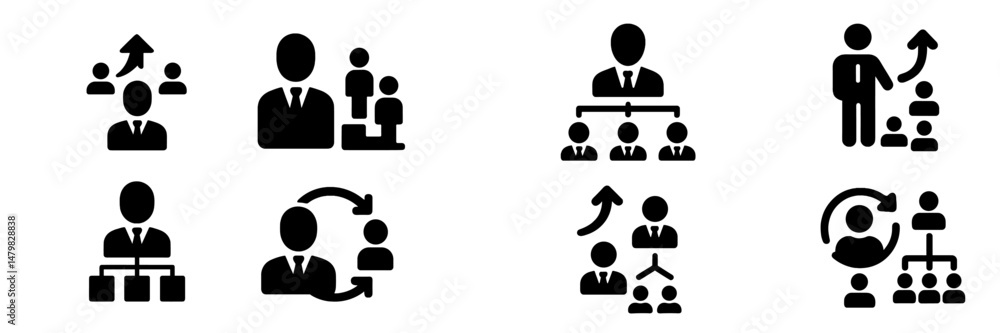 Poster collection of web icons featuring business concepts related to team management and organizational st
