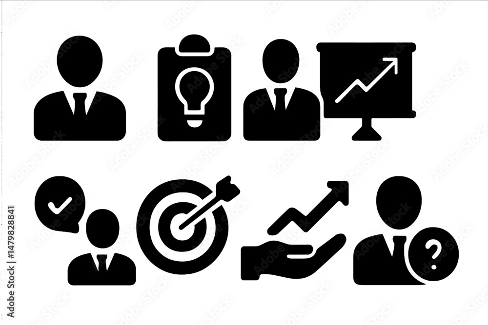 Poster Set of web icons representing business concepts including collaboration, strategy, and analysis in a modern design