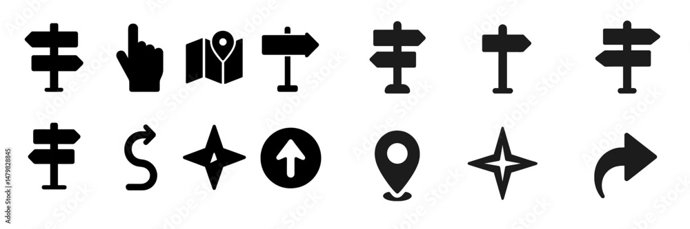 Poster collection of web icons representing navigation, direction, and location services for online use