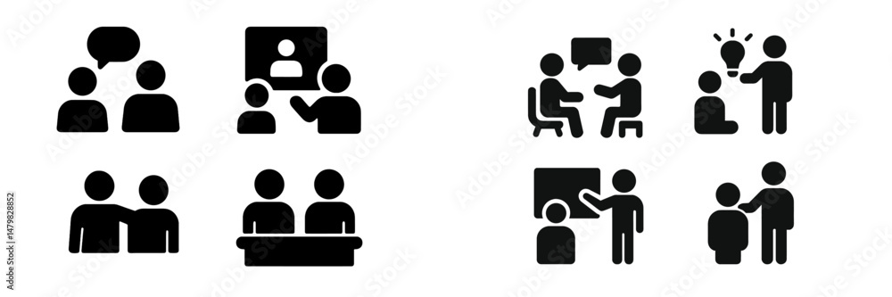 Poster set of web icons depicting various communication and collaboration concepts for digital platforms an