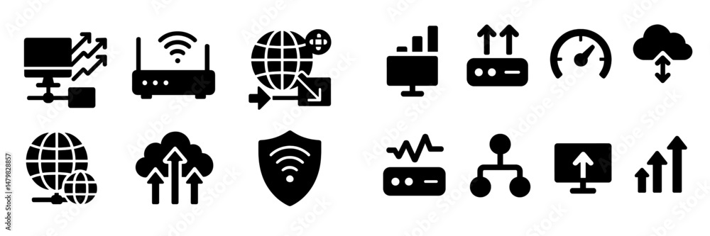 Poster collection of web icons representing digital connectivity tools and network management elements for 