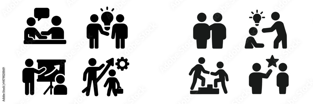 Poster set of web icons representing teamwork, communication, and collaboration in various professional set
