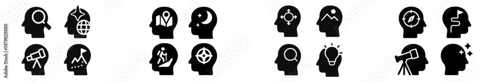 Poster collection of web icons showcasing various human head silhouettes and associated themes like explora