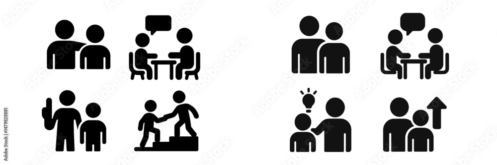 Aufkleber set of black web icons representing various social interactions and discussions among people in simp