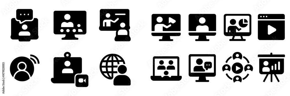 Poster collection of web icons for communication, video conferencing, and online collaboration tools suitab