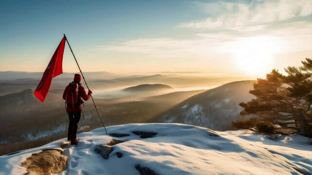 A lone hiker stands on a snowy peak, waving a flag as the sun sets over the distant mountains.