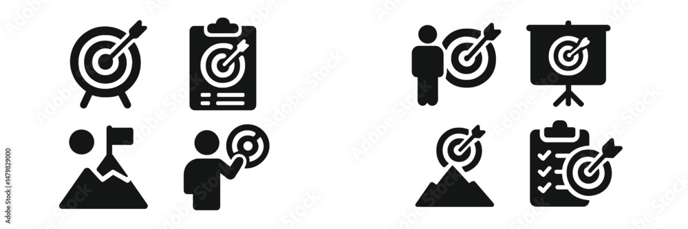 Poster Web icons representing target, achievement, and performance metrics for digital platforms and user interfaces