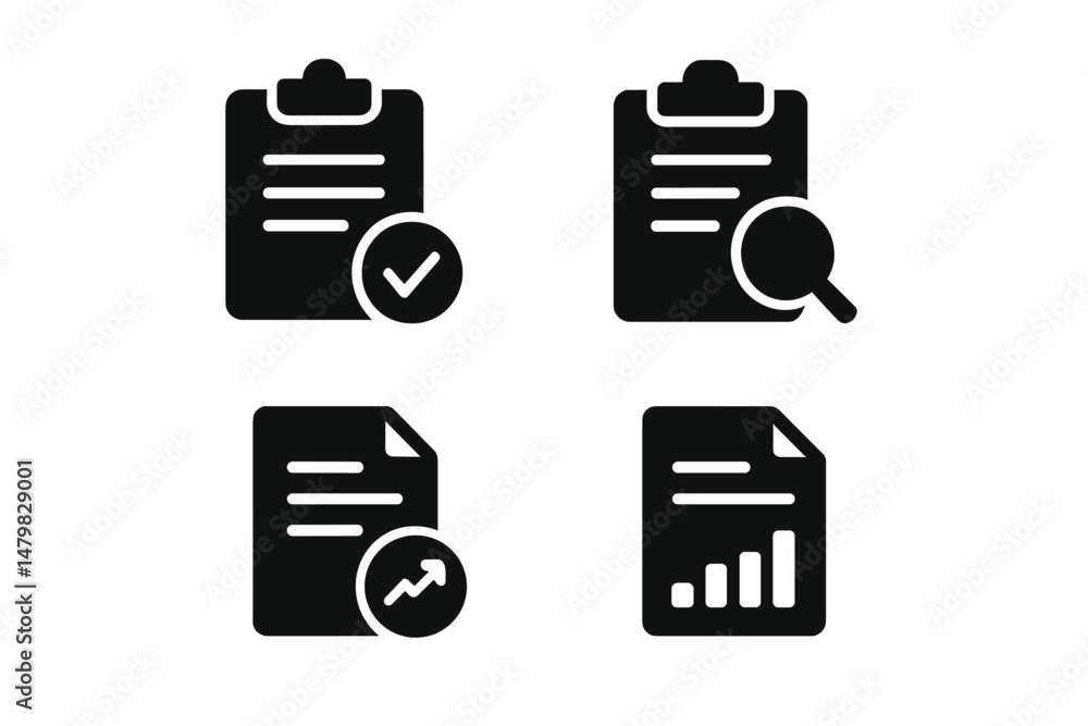 Poster collection of web icons featuring clipboard designs with checkmarks, magnifying glass, and graphs fo
