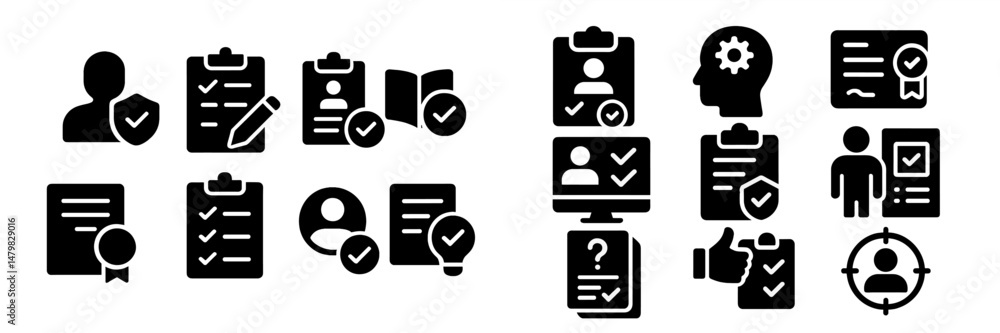 Poster collection of web icons representing various tasks and achievements in digital settings