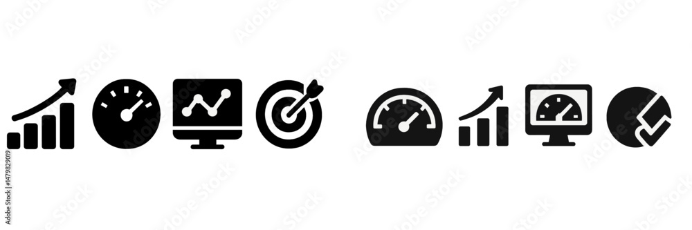 Poster collection of web icons representing analytics, performance metrics, and user engagement for digital