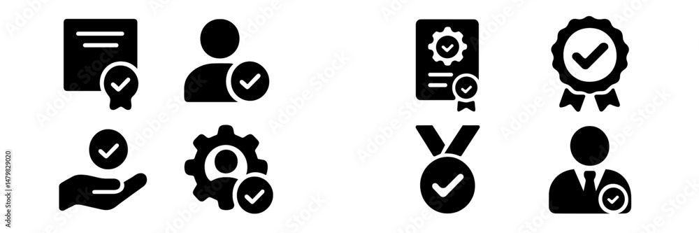 Poster set of web icons representing verification, achievement, and quality assurance in digital design
