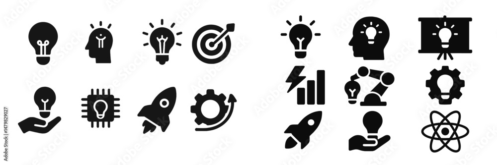 Poster set of web icons featuring various symbols related to innovation, technology, and business concepts
