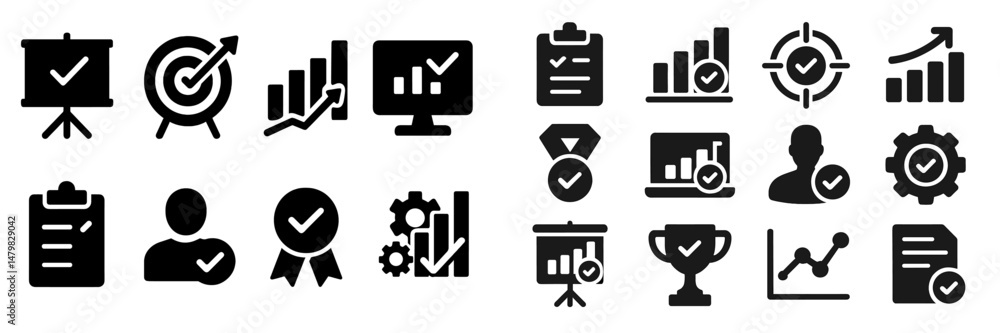 Poster set of web icons featuring digital analytics, performance tracking, and user engagement symbols for 