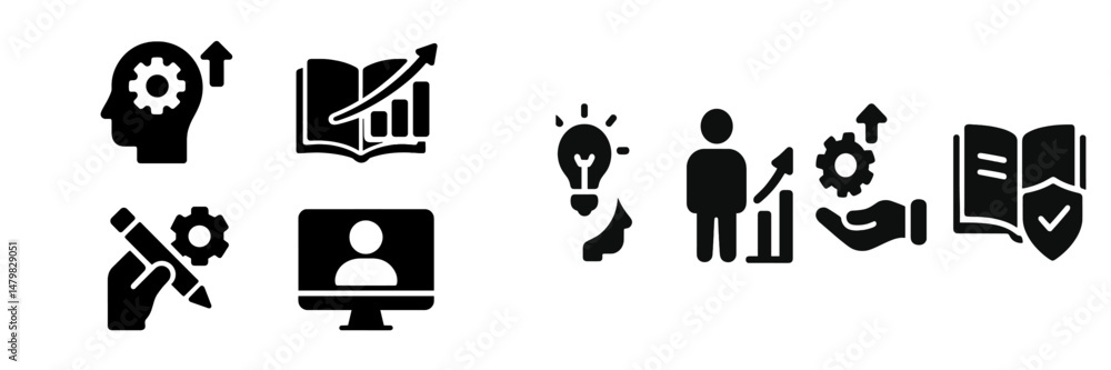 Poster collection of black web icons representing growth, learning, and creative thinking for digital platf