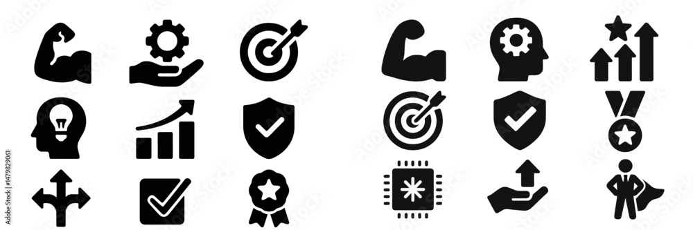 Poster collection of web icons representing productivity, strategy, and growth in various formats