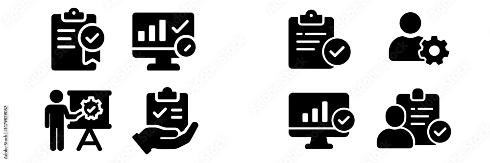 Poster set of web icons illustrating tasks, productivity, and user management for digital applications