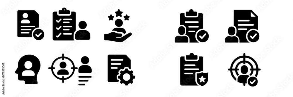 Leinwandbilder collection of black web icons featuring user profiles, checklists, and data management tools for dig