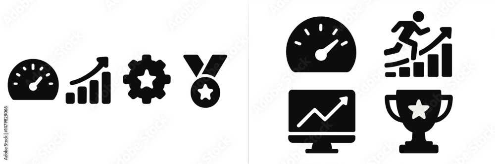 Poster collection of web icons depicting performance metrics, tools, and achievements for digital applicati