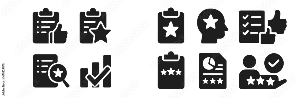 Poster set of web icons representing evaluation and feedback tools for online platforms and applications in