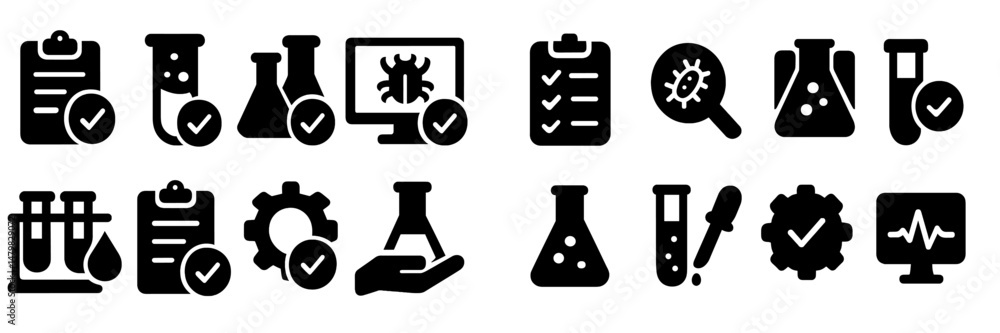 Leinwandbilder collection of black and white web icons depicting laboratory equipment and scientific tasks for web 