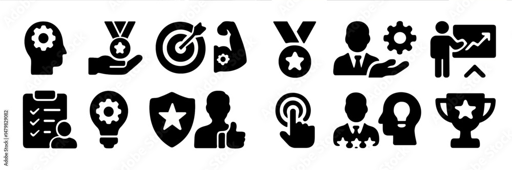 Poster web icons representing various concepts like achievement, strategy, and leadership for digital use