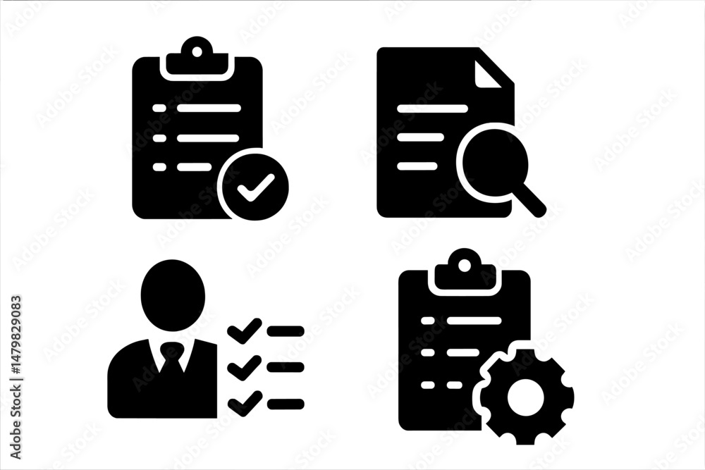 Poster collection of black and white web icons representing tasks, documents, and user profiles for online 